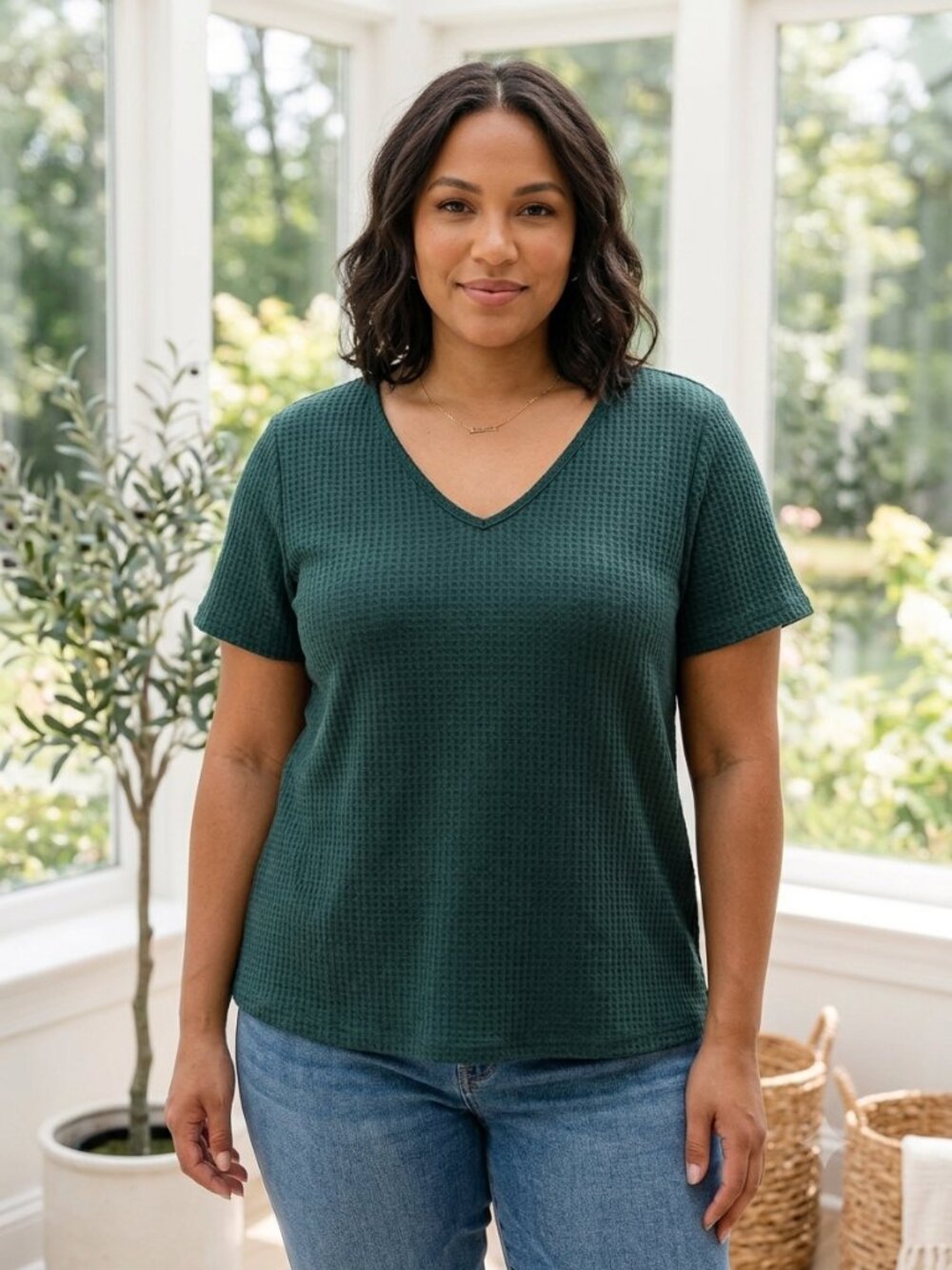 Shein Curve Dark Green Waffle Knit V-Neck T-Shirt Women's Size 1XL